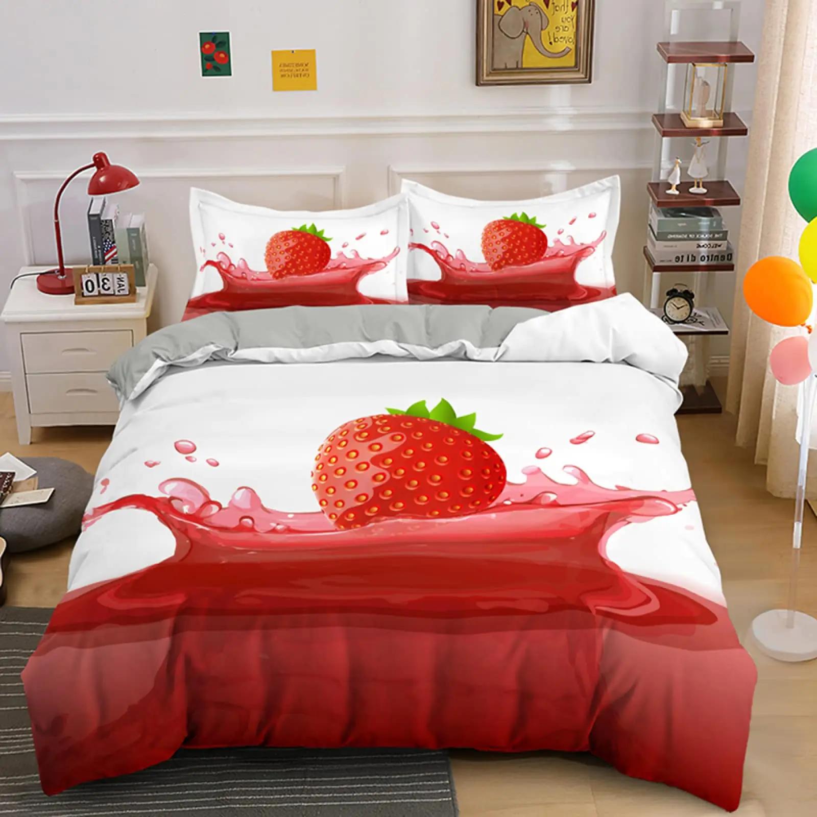 Girls Strawberry Bedding Sweet Strawberry Duvet Cover For Kids Pink Cute Cartoon Fruit Food Theme Girly White Floral Room Decor EU Single(135*200cm)3pcs