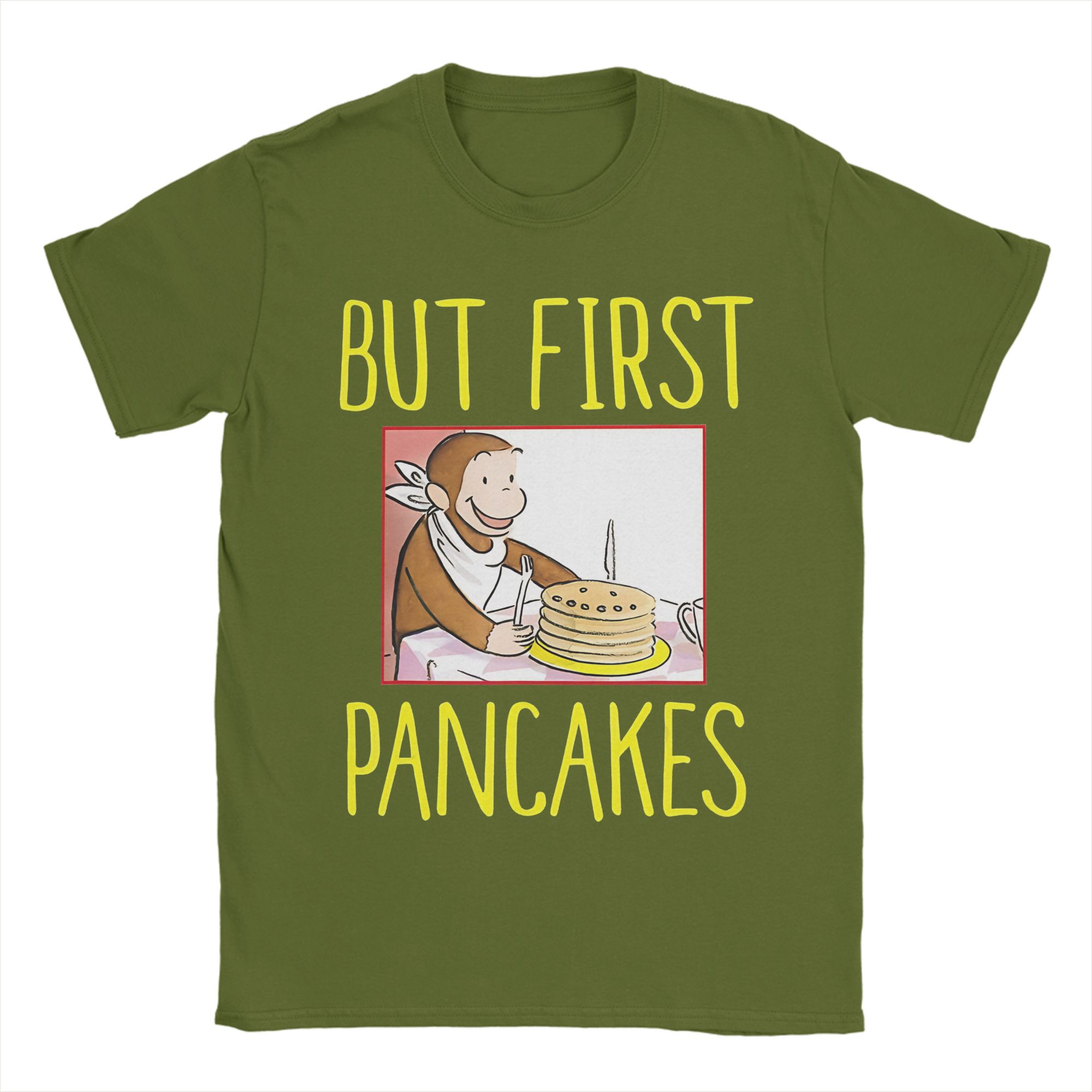 

Curious George But First Pancakes Breakfast T-Shirts Men Women Casual 100% Cotton Tees Short Sleeve T Shirts Summer Clothing 4XL