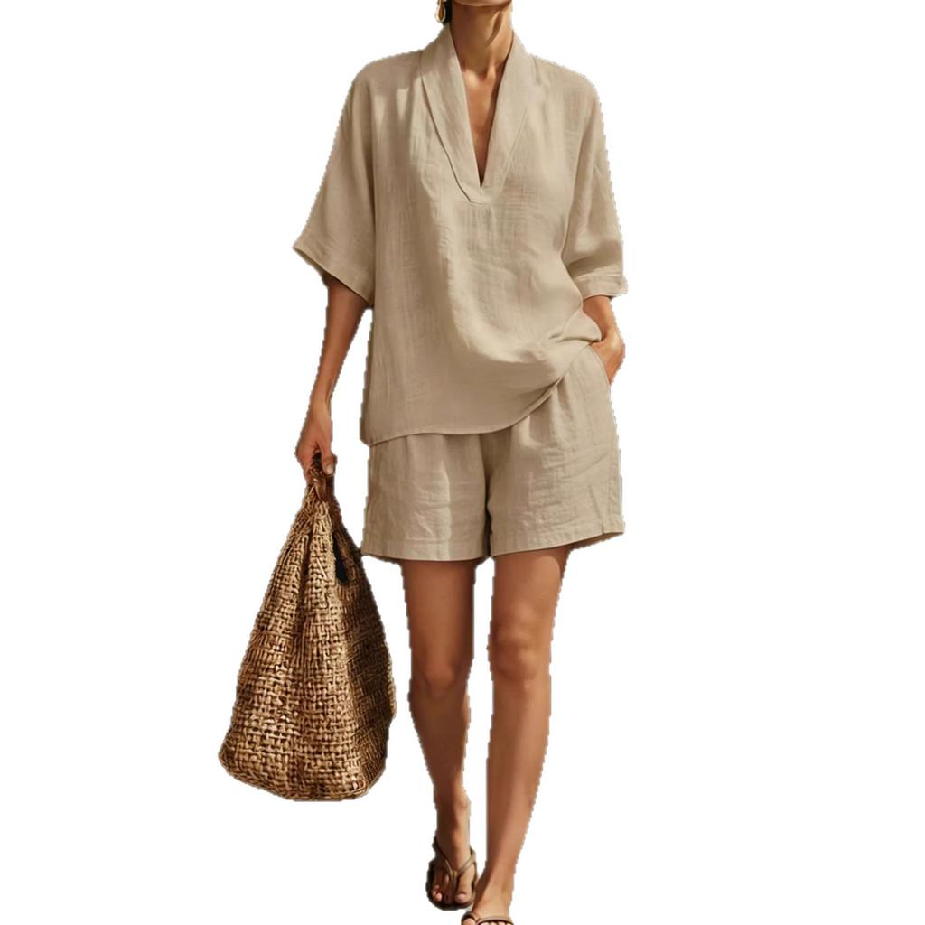 White V-Neck Short Sleeve Top and Shorts Set