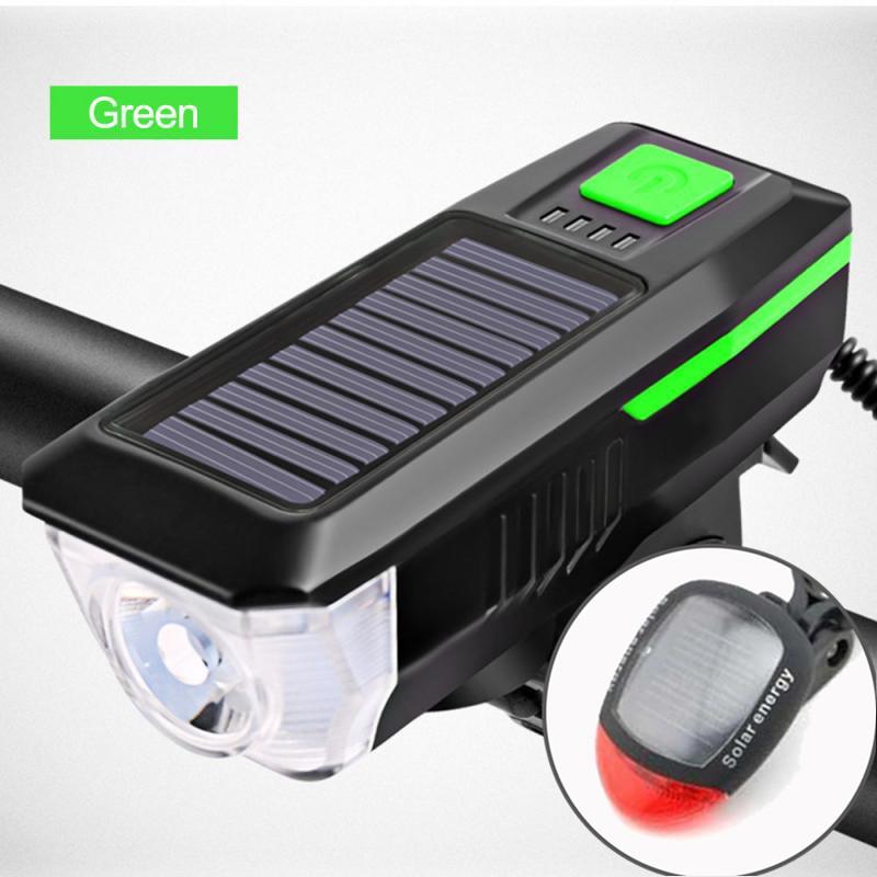 Solar Bicycle Front Light with Horn MTB Bike Solar Energy Tail Light USB Charging Bike Front Rear Light Set for Cycling Safety зелёный