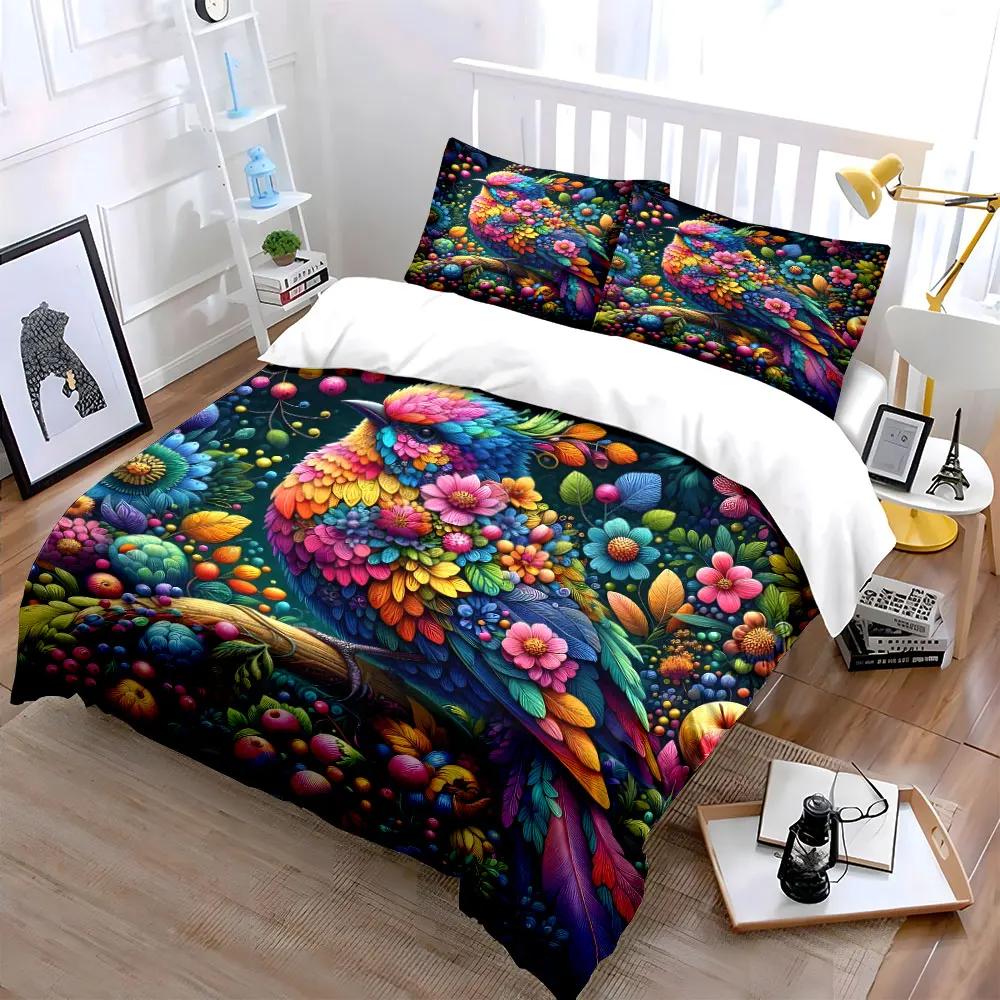 "Colorful Floral Bird Art Set" Multiple sizes kid's and adults' bedroom Exquisite 3PC bedding set, gift