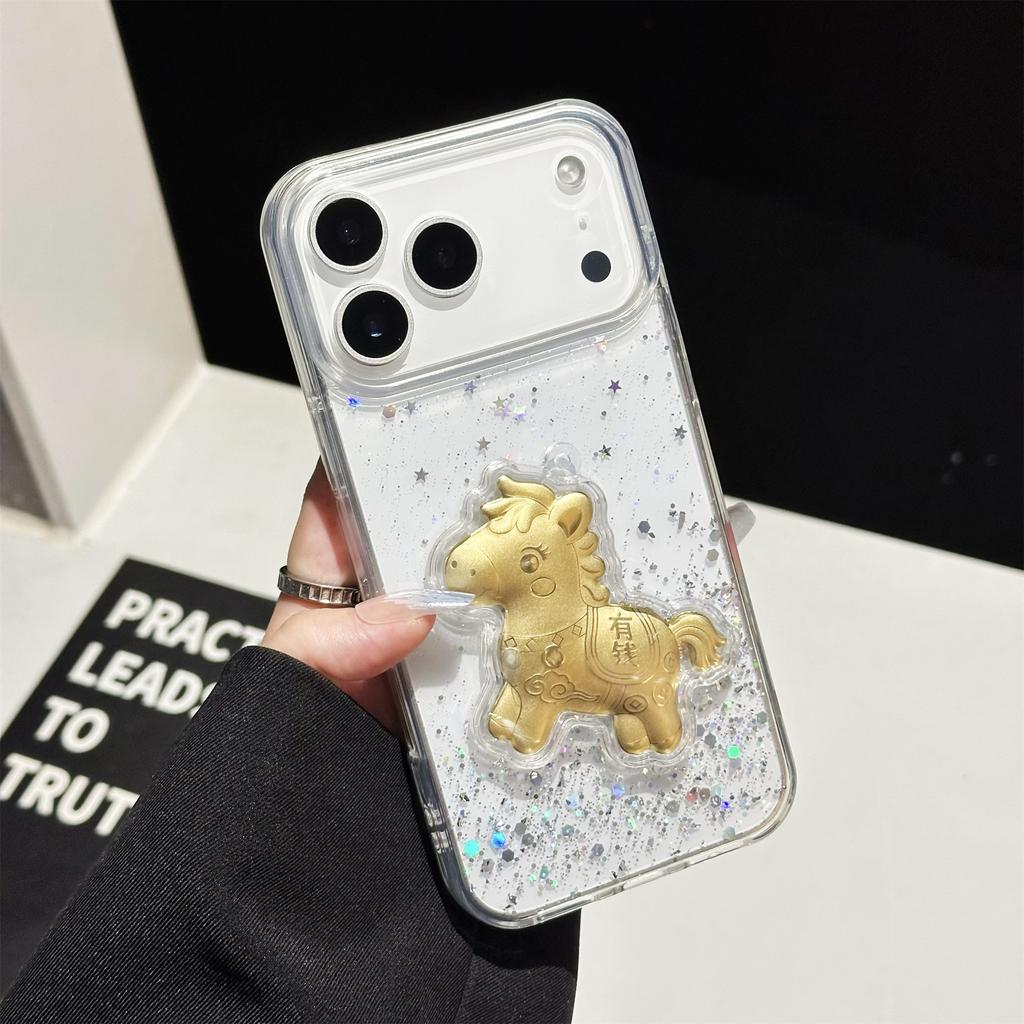 For iPhone 17 Pro Case Sparkling Glitter PC Phone Cover with Golden Horse Ornament