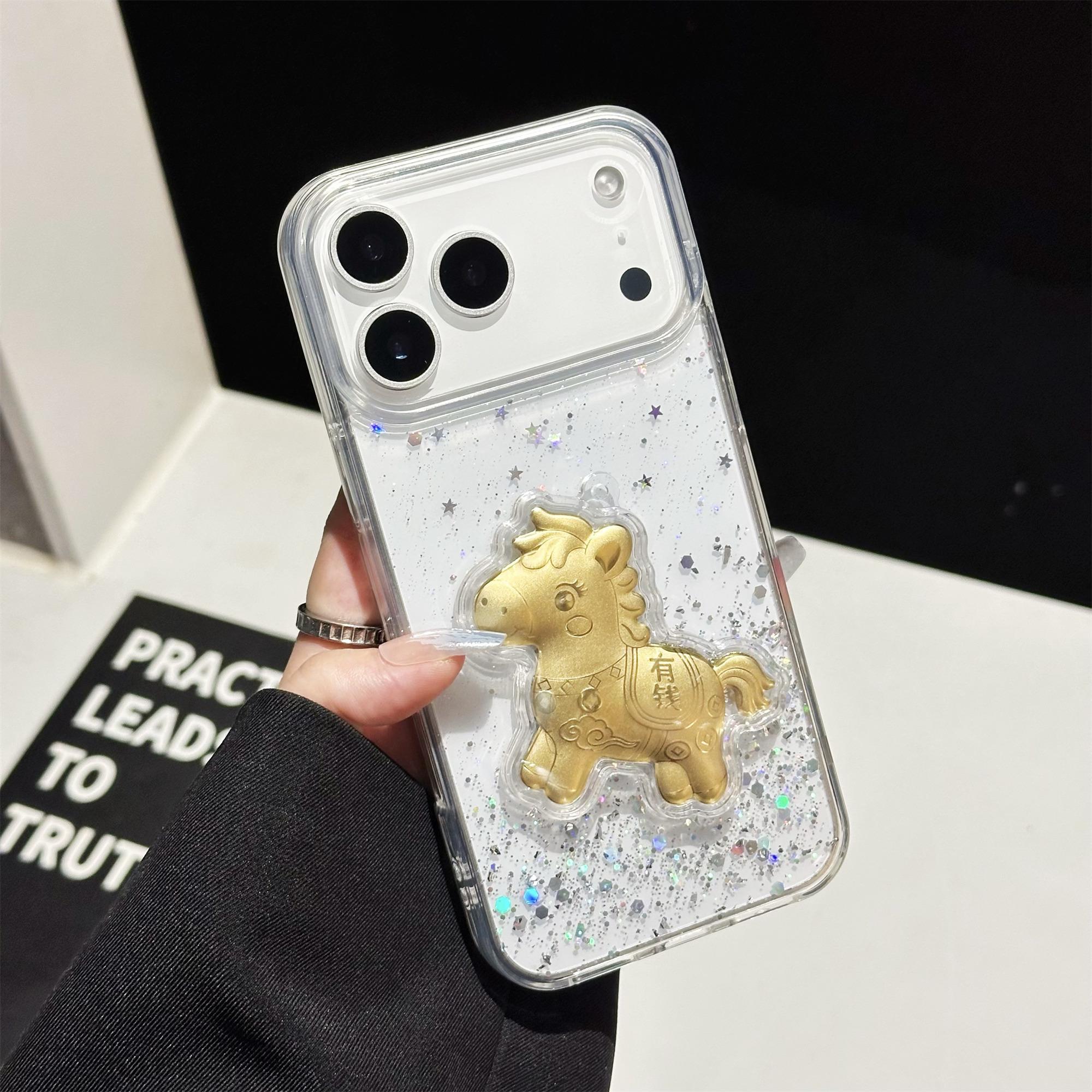 

For iPhone 17 Pro Case Sparkling Glitter PC Phone Cover with Golden Horse Ornament