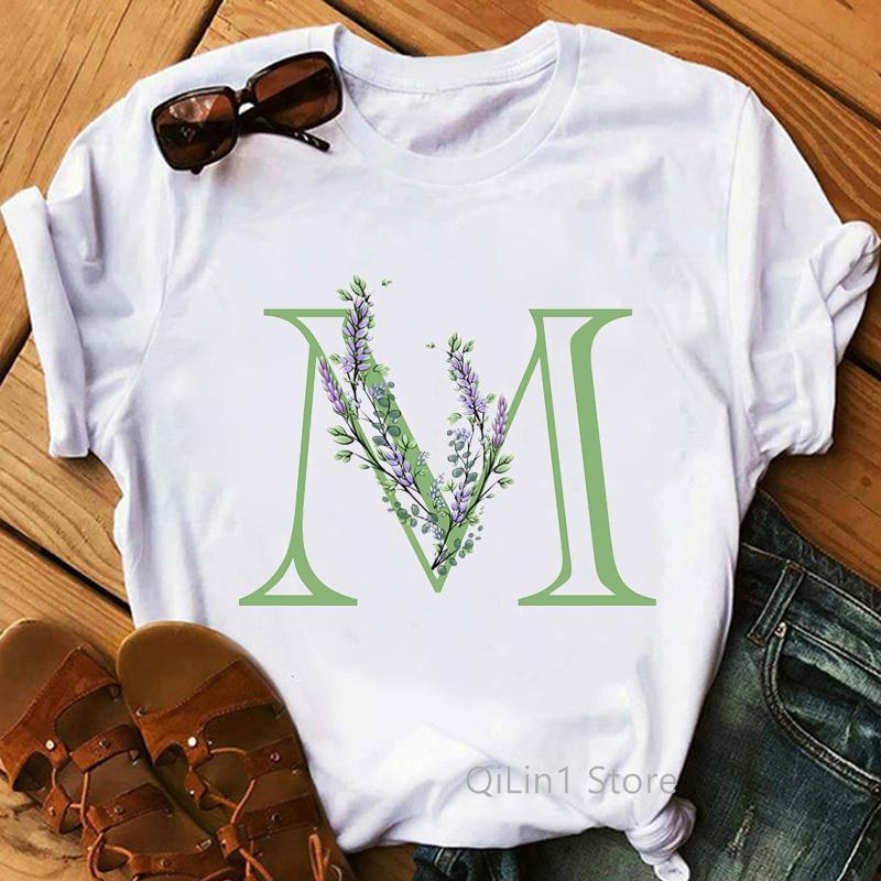 Floral Alphabet M Letter Print T-Shirt Women Summer Cute Top Female White Casual T Shirt Femme Graphic Tees Girls Tumblr Clothes