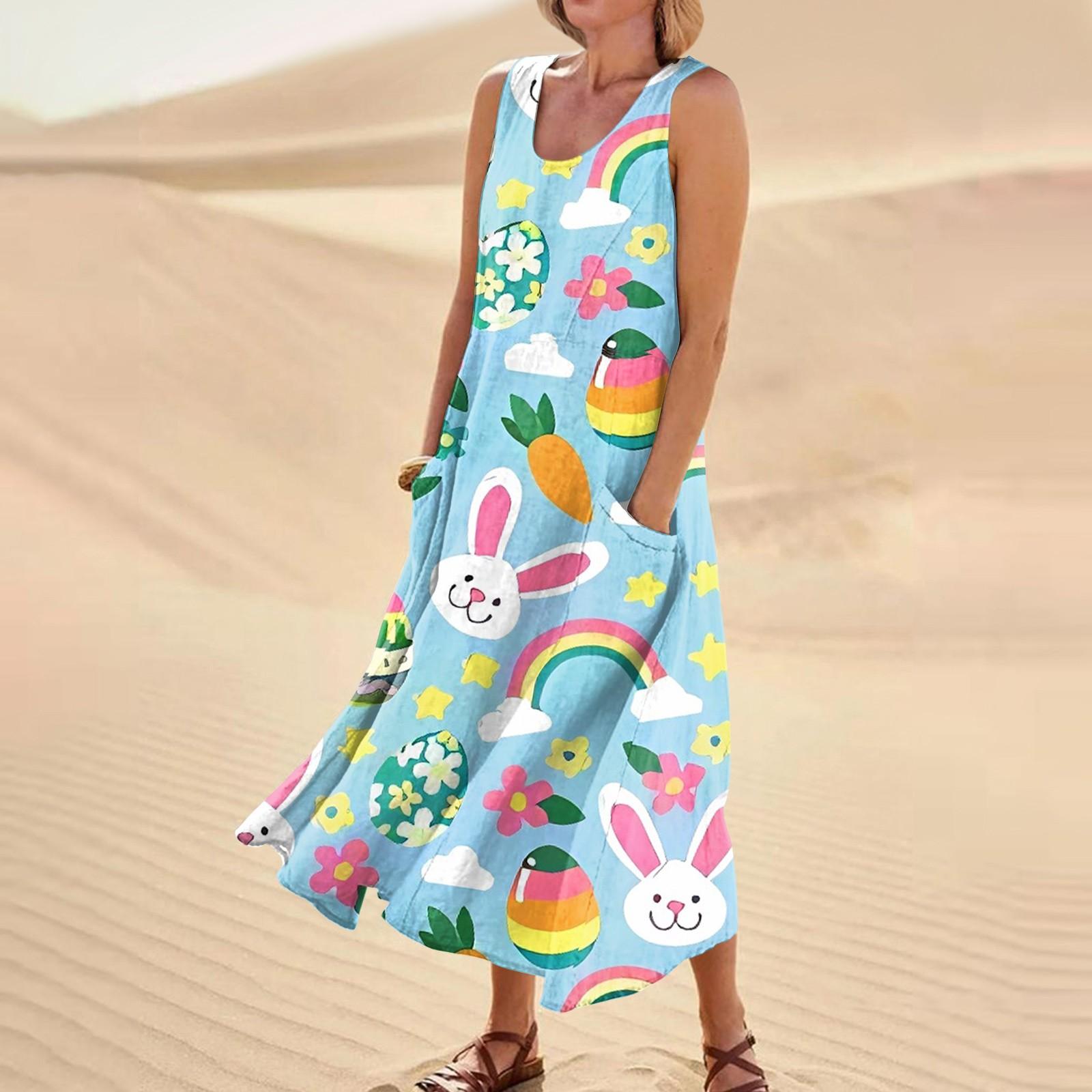 Женское летнее повседневное модное пасхальное платье без рукавов с круглым вырезом — фото 7