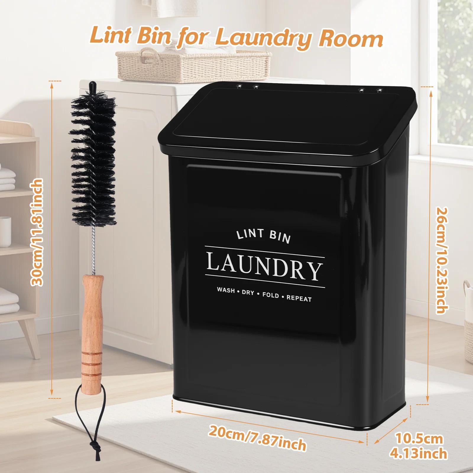 

Magnetic Dryer Lint Box Laundry Pods Washing powder Storage Container with Lid Brush Metal Lint Container for Laundry Room Home чорний