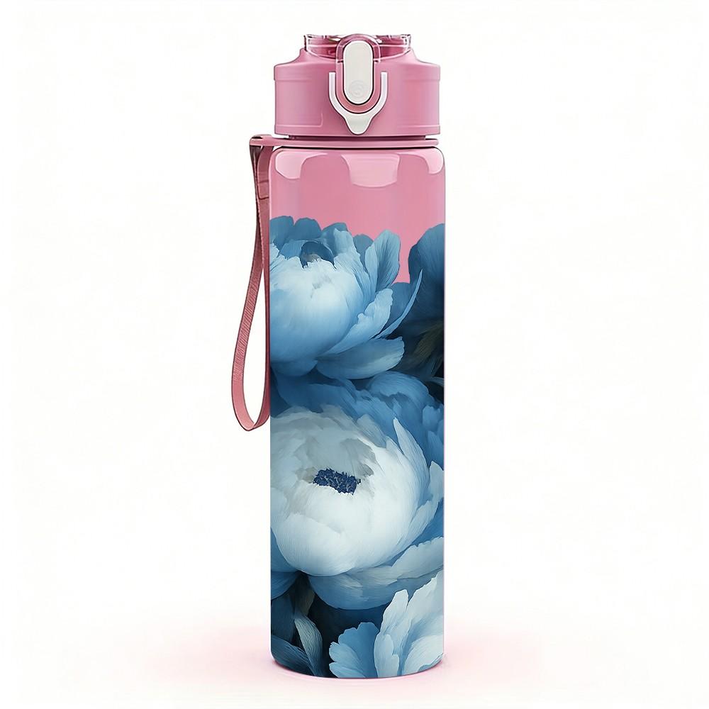 1PC Deep Blue Peony Rose Flower Print 750ml Color Plastic Sports Water Bottle Leakproof Flip Straw Lid Suitable for Sports Office Home Use