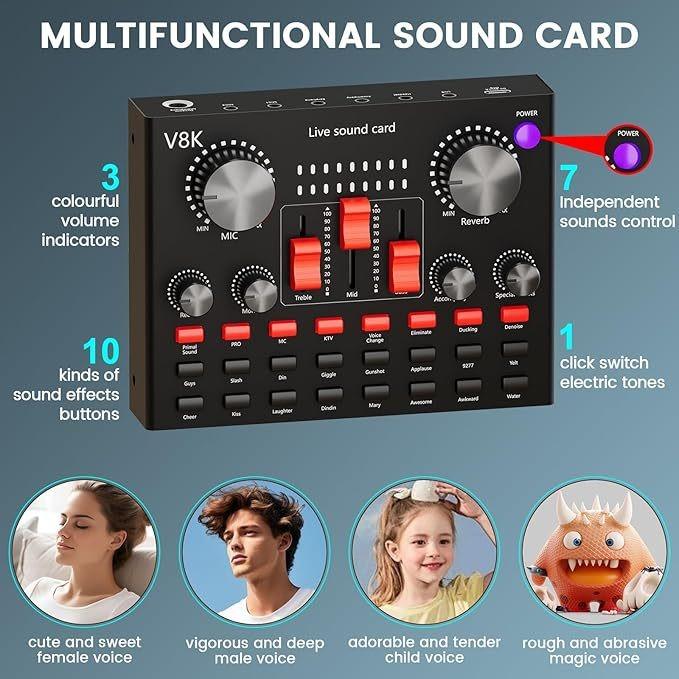 V8K Audio USB External Sound Card Multi Portable Microphone Live Broadcast Sound Card for Mobile Phone Computer