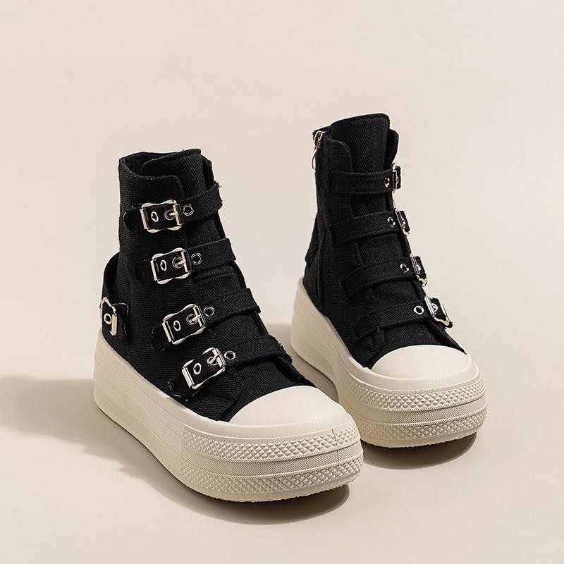 

2025 Весенне-осенние короткие парусиновые ботинки на толстой подошве с высокой платформой, французские повседневные дышащие с пряжкой, женские туфли-одинарки, на высокой толстой подошве 40 чёрный