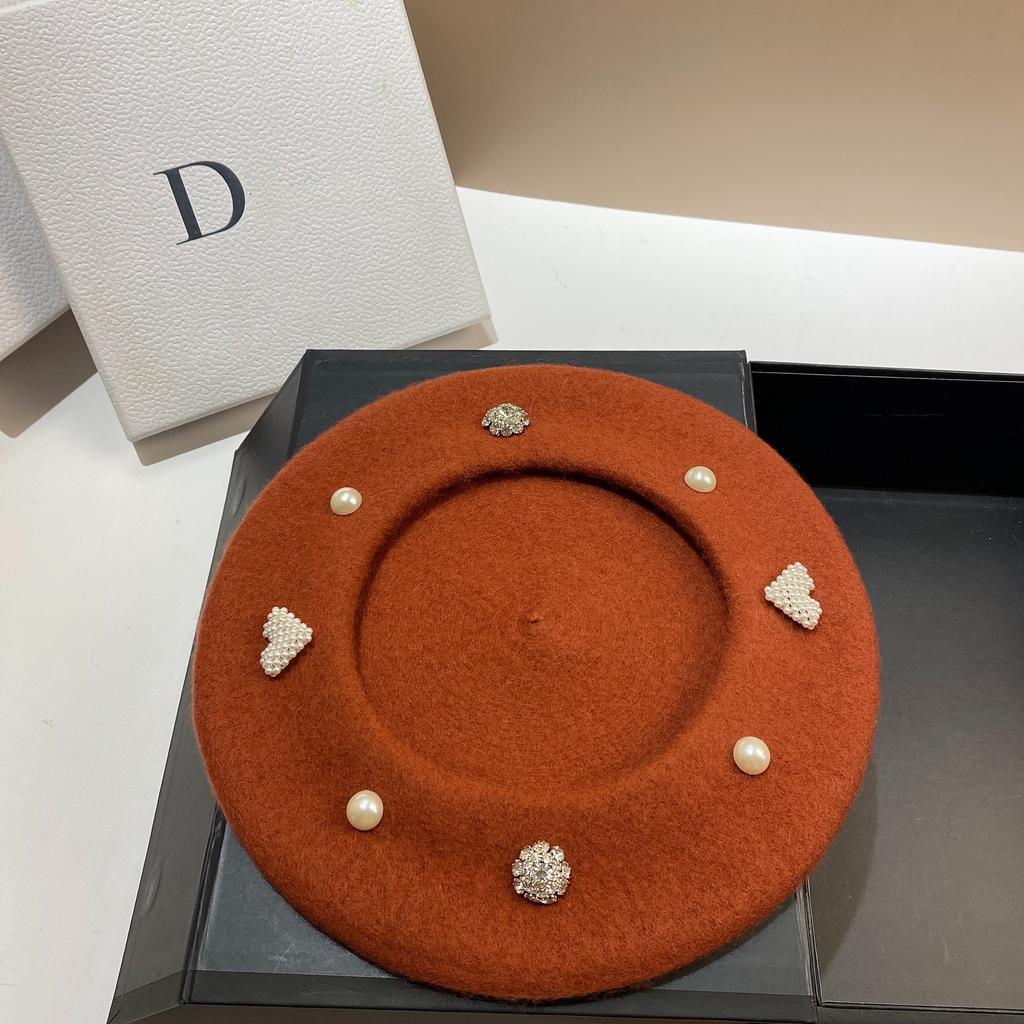 Foreign style sweet rhinestone painter hat autumn and winter versatile age-reducing socialite small fragrance pearl wool beret