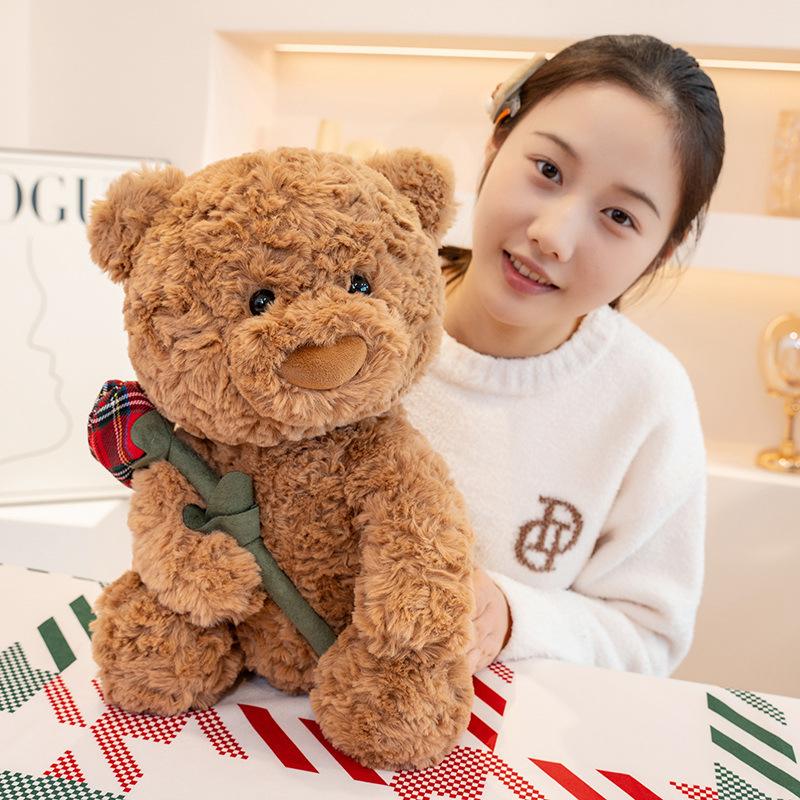 Cute Hug Bear Plush Toy Plaid Scarf Bear Soothing Bear Doll Send Girlfriend Valentine'S Day Rose Bear