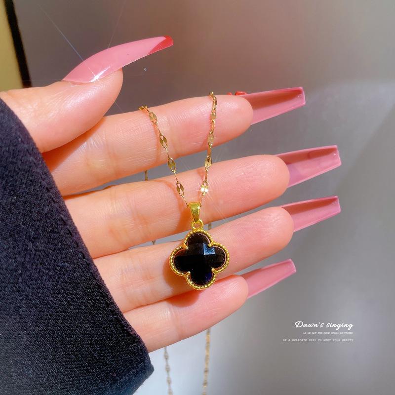 New Diamond-Encrusted Four-Leaf Flower Necklace Femininity Girl High-End Double-Sided Shell Collarbone Chain Explosion