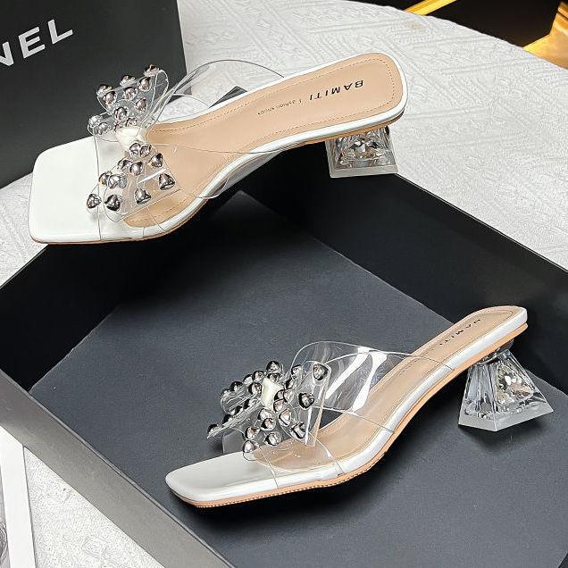 

Fashion 2025 Spring And Summer Pointy Stiletto Heels Wearing Slippers Transparent Female Sandals 34 бежевый