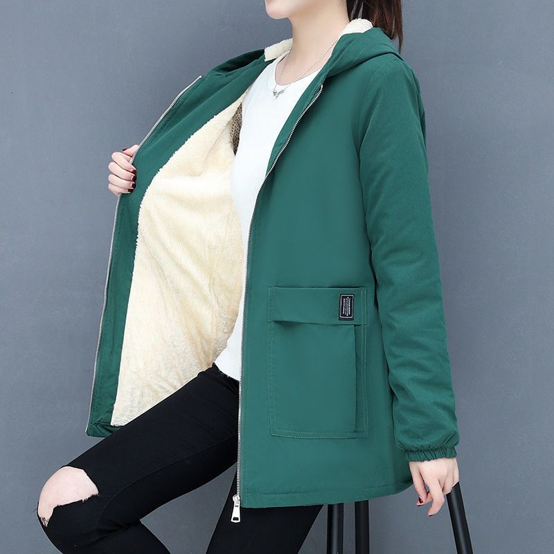 Winter Solid Color Hooded Long Sleeve Fashion Windbreaker Women High Street Casual Zipper Patchwork Thick Warm Chic Outwear