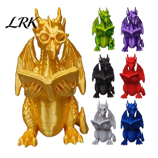 Reading Room Decorations 3D Printed Dragon Figurine, Cute Statue with Glasses Creative Desk Accessories Book, Fantasy Desktop Bookshelf Decor,