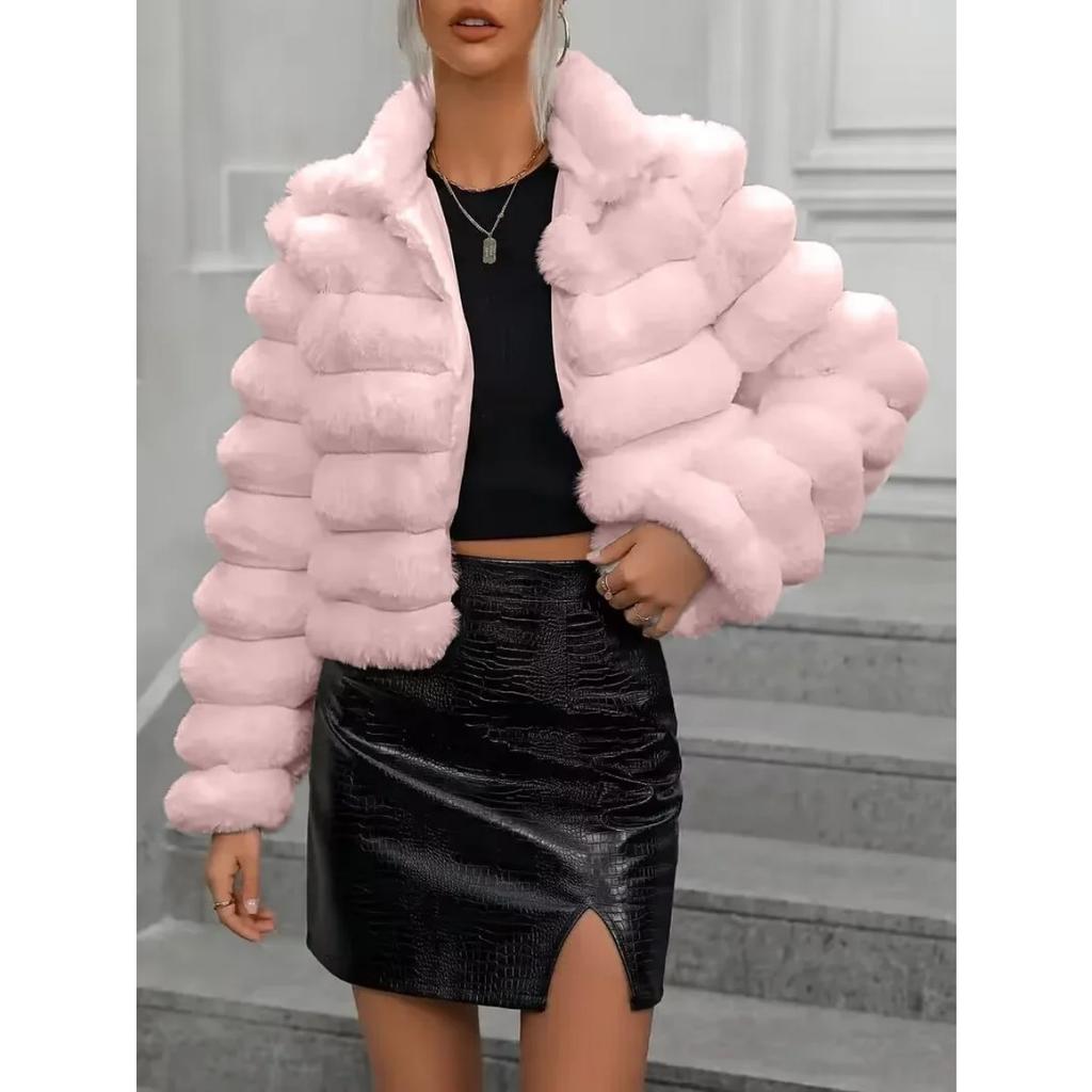 VAYLA Faux Fur Women Coats Stand Collar Full Sleeve Short Coat Thick Warm Solid Temperament Elegant Splice Autumn Winter