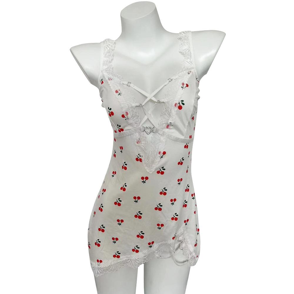 Cream cherry sauce sexy lingerie women's sweet lace nightdress sexy straps hollow sling nightdress