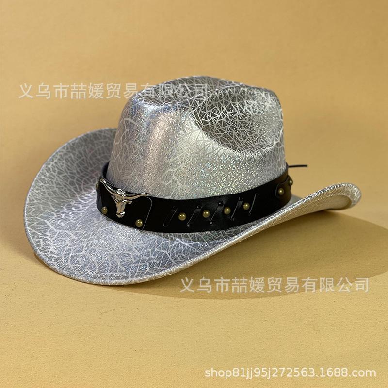 European and American Bull Head Belt Western Cowboy Hat New Breathable Sunshade Sequin Crack Jazz Hat Children