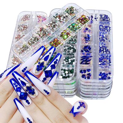 12 rejillas/caja de diseño mixto, diamantes de imitación para uñas con parte posterior plana, dijes 3D, gemas de piedra, decoraciones artísticas para uñas