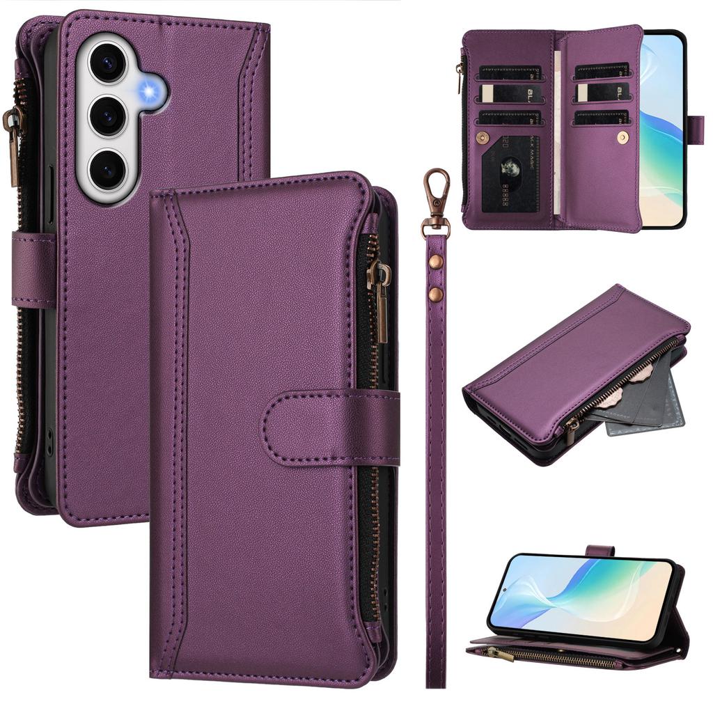 For Samsung Galaxy S24 FE Leather Case 9 Card Slots Zipper Wallet Stand Phone Cover with Wrist Strap