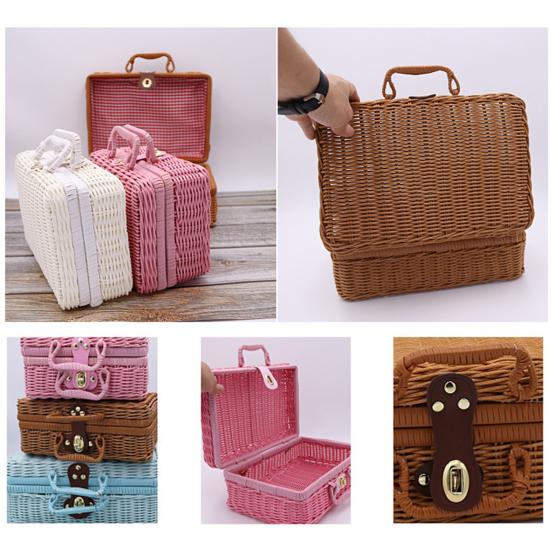 Storage Case Handmade Weaving Mini Suitcase Rattan Photo Props Cosmetic Luggage Basket Holder for Travel