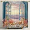 Cortina de Ducha con Paisaje de Conchas y Estrellas de Mar Fuera de la Ventana, Cortina de Ducha para Decoración de Baño, Cortina de Ducha Impresa con Ganchos