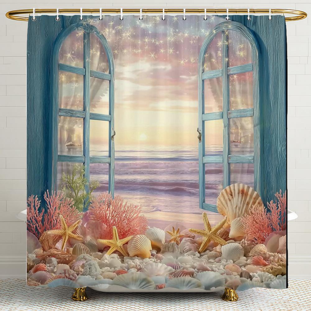 

Beach Shell Starfish Scenery Outside The Window Shower Curtain, Bathroom Decor Shower Curtain, Printed Shower Curtain With Hooks W60H190(CM)-1 Pcs