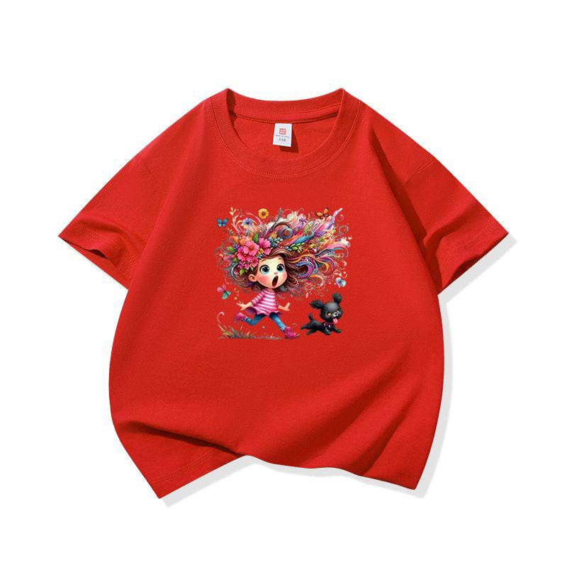 Kids Cotton T Shirt Colorful Hair Girl Running With Black Puppy Print Crew Neck Short Sleeve Tee Casual Boys Girls Summer Tops