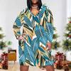 Women Plus Size V Neck Long Sleeve Teal Yellow Leaf Printed Straight Dress