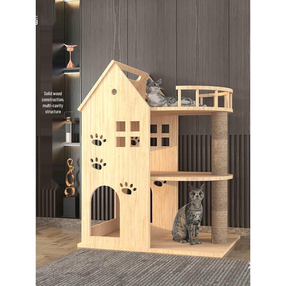 Luxury Solid Wood Cat Tree with Scratching Post and Three-Layer Beds