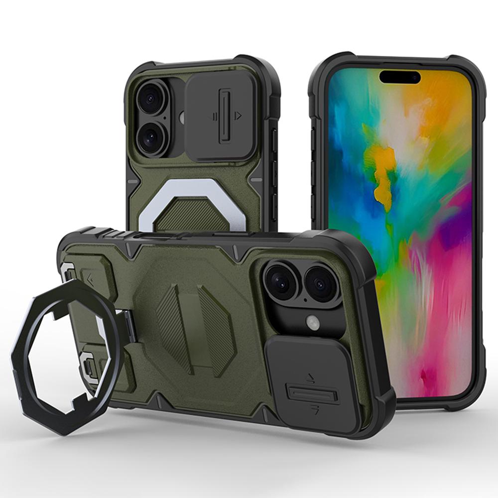 For iPhone 16 Case Compatible with MagSafe PC+TPU Kickstand Phone Cover with Lanyard - Black