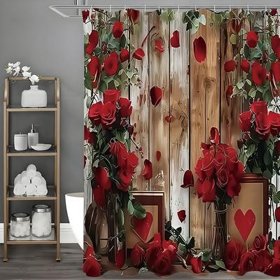 Cortina de Chuveiro Painel de Madeira Flor Rosa, Cortina de Chuveiro Decorativa para Banheiro, Cortina de Chuveiro Impermeável com Ganchos