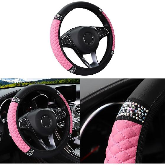Bling Car Steering Wheel Cover, 15 Inch Rhinestones Soft Leather Elastic Steering Wheel Protector, Sparkly Crystal Diamond For Women Girls, Car