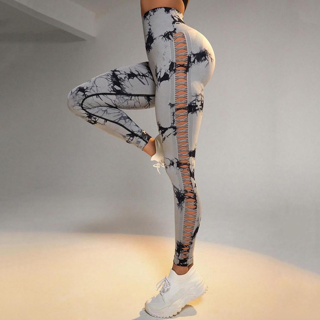 Sporty Tie-Dye High Waist Butt-Lifting Yoga Leggings with Side Cutouts