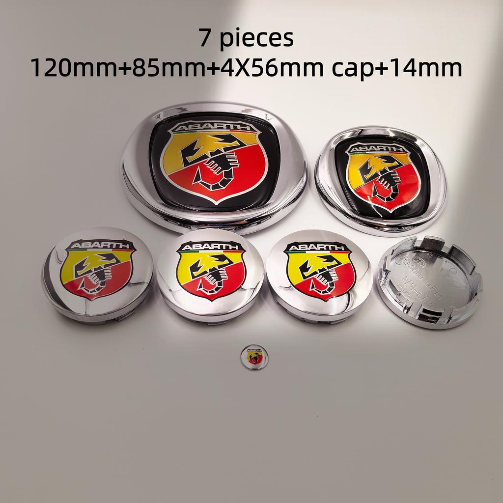 7pcs Fiat Abarth Car Front Hood Bonnet Badge 85/95/100/120mm Rear Trunk Boot Badge 10/12cm Hub Cap Wheel Center Cap 56/60mm
