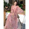 French High-end Collar Pink Floral Dress Women's Summer Temperament Beautiful Word Lantern Sleeve Tulle Long Skirt