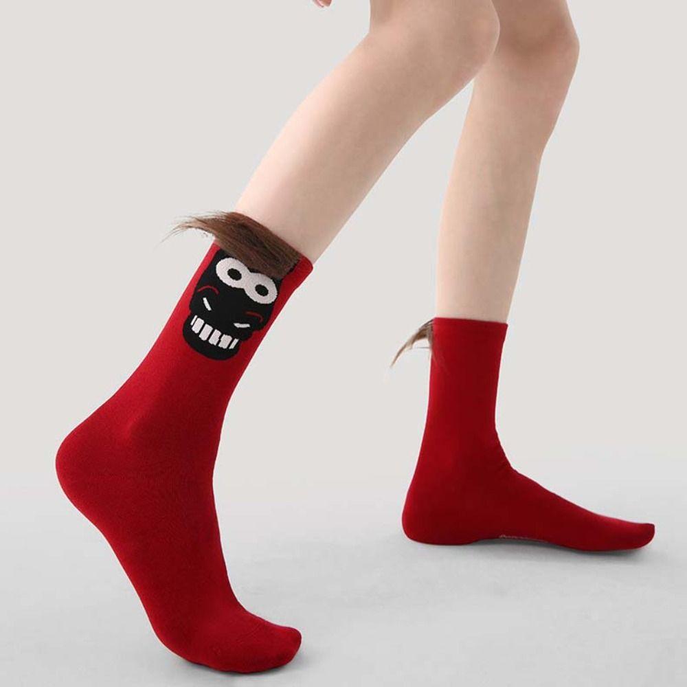 Cartoon Year of The Horse Socks Winter Autumn Red Tube Socks Cute Zodiac Year Socks Women