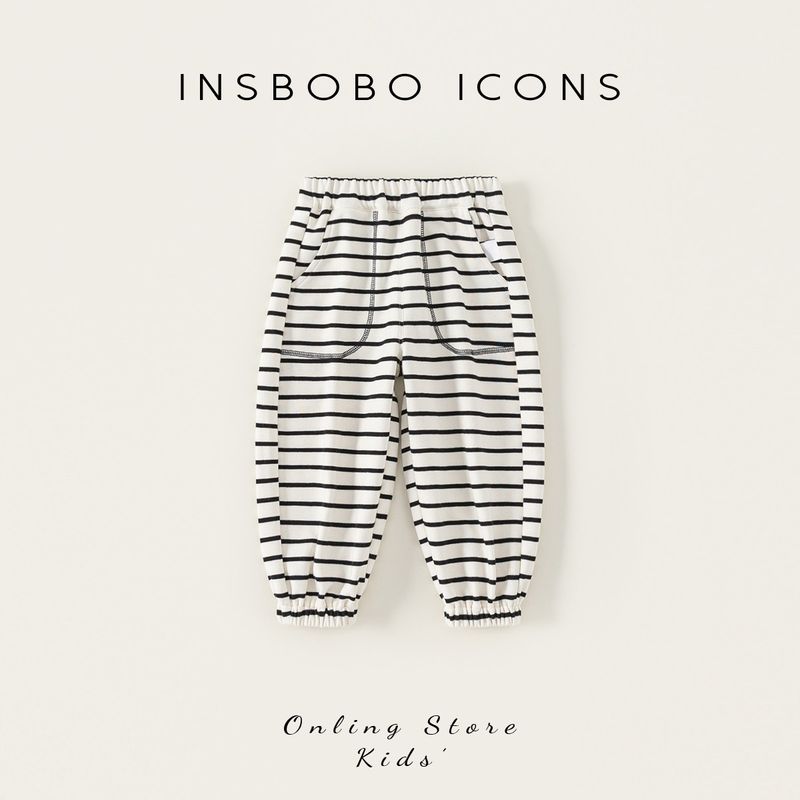 Insbobo Children s Pants 2025 Autumn New Girls  Sports Pants Spring and Autumn Boys  Striped Long Pants Children s Trendy Clothing Black and White Strips 80 cm