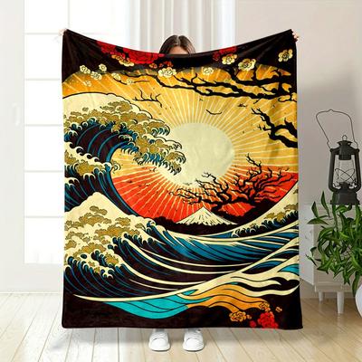 Rising Sun with Waves, Flowers, Trees, and Mount Fuji In a Bold Design. for All Seasons Blanket Lunch Break Throw Gift