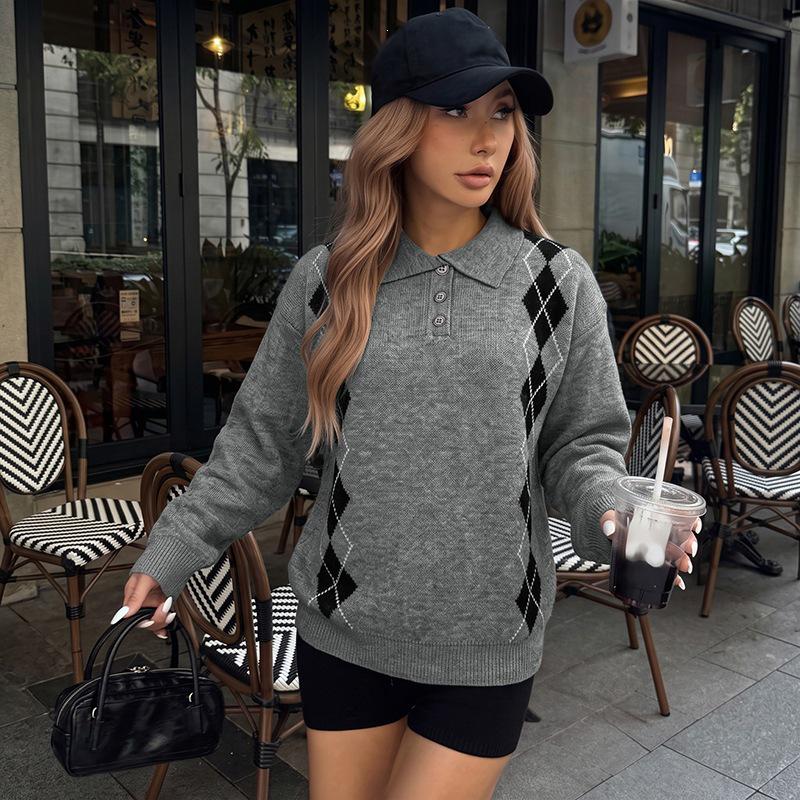 2026 Autumn/Winter Girlish Academy Style Knit Diamond Polo Collar Cardigan for Women