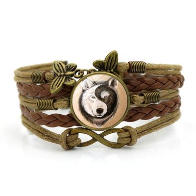 Ying Yang Wolf Charm-Armbänder für Damen, modisches Glas-Cabochon-Schmetterling, Unendlichkeitsschmuck, mehrschichtiges Lederarmband