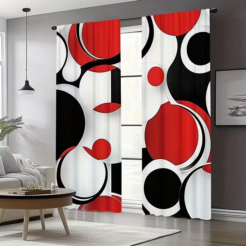 2 Pcs Black And Red Circles Print Curtains,Suitable For Bedroom,Living Room Kitchen Decoration,Home Decoration,Window Decoration