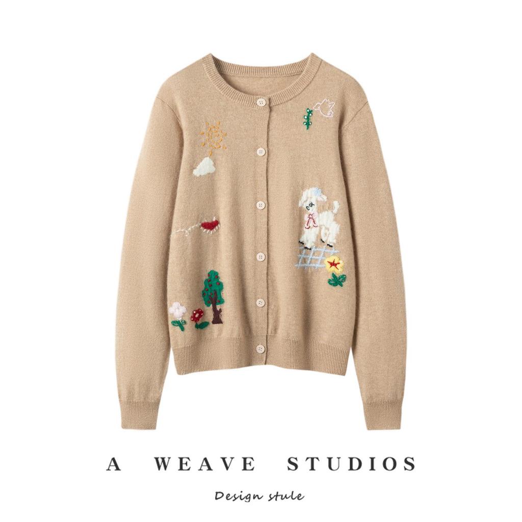 2026 Autumn/Winter Women's Cashmere Embroidered Round Neck Cardigan - Loose, Thick Knitwear Sweater Top
