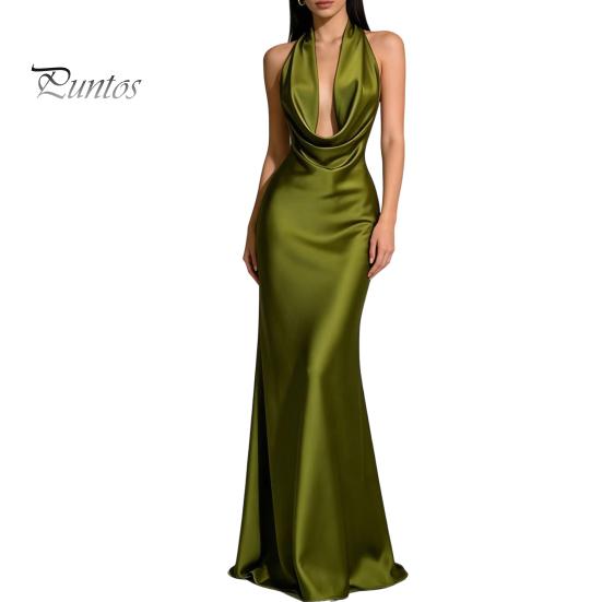 Beach Dress Women Sexy Backless Maxi Dress, Deep V Neck Sleeveless Lightweight Summer Halter Satin Long Formal Evening Party Mermaid Gown Elegant