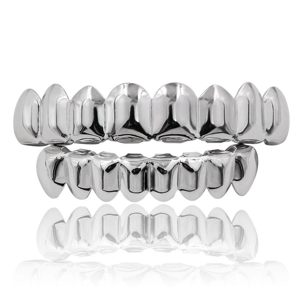 Glossy Finish Teeth Grillz Top Bottom Set Anti Slip Shiny Teeth Grillz Caps Silver Eco-friendly Copper Teeth Jewelry Rapper