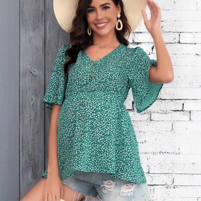 Women's Summer New Small Floral Print V Neck Lotus Sleeve Maternity Top