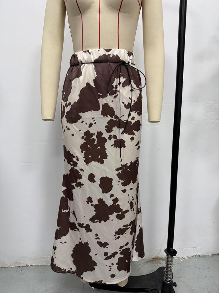 2025 Autumn/Winter Women's Satin Print Long Skirt - Slimming Imitation Silk