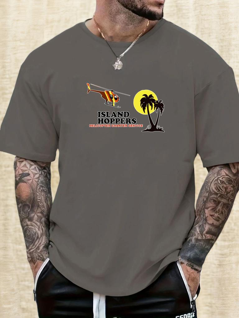 Mens Island Hoppers Helicopter Graphic Tee Summer Soft Oversized Daily Wear Top