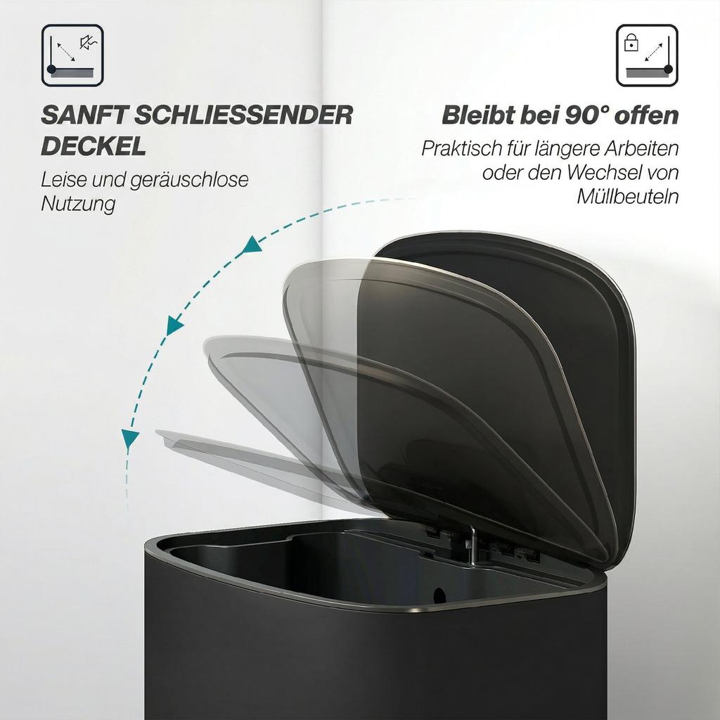 Trash Can Kitchen 50 Liter Pedal Bin with Stay-Open Function, Soft-Close Lid, Pedal, Black