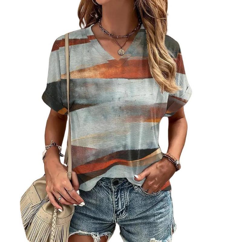 

Summer T-shirt for Women V Neck Casual Fashion Tops Striped Tees Harajuku Clothing Loose Short Sleeve Blouse Female Sweatshirt L